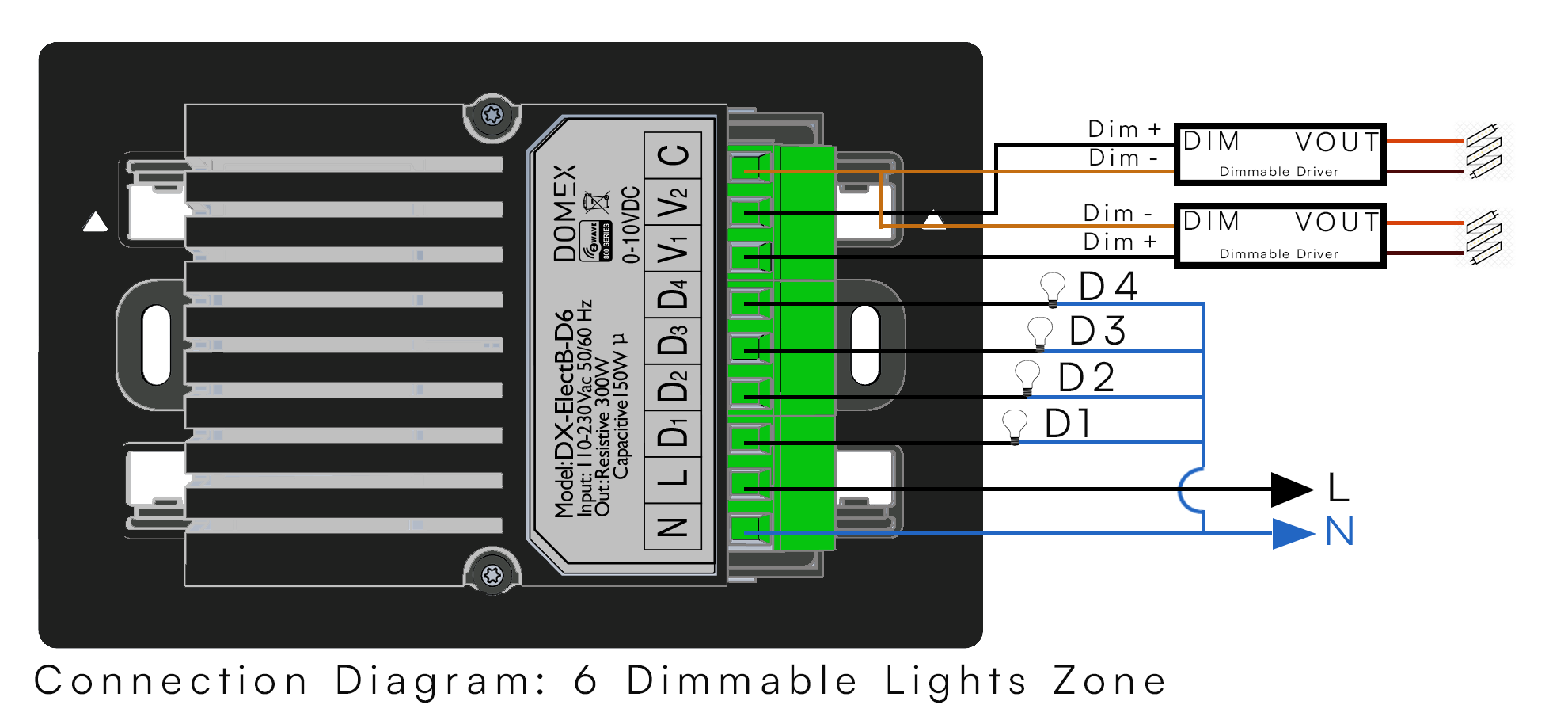 Domex DX-ElectB-D6 wiring diagram: four triac zones and two 0-10V LED drivers
