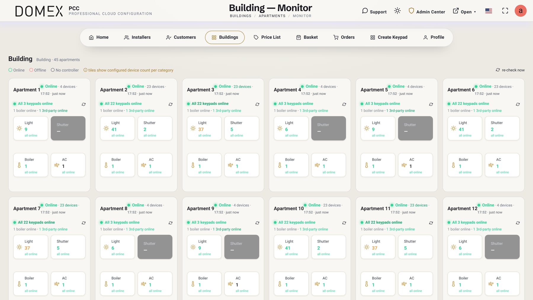 Domex PCC building monitor showing live online status for 45 apartments