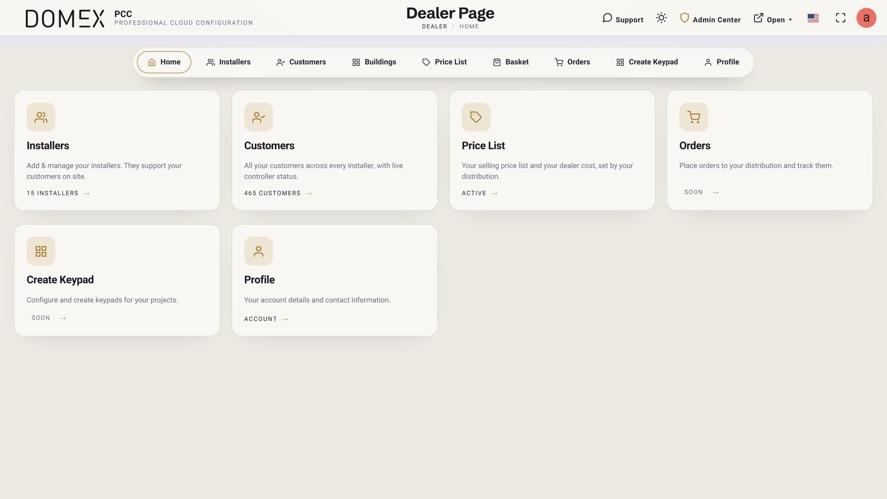 Domex PCC dealer portal home screen with Installers, Customers, Price List and Orders cards