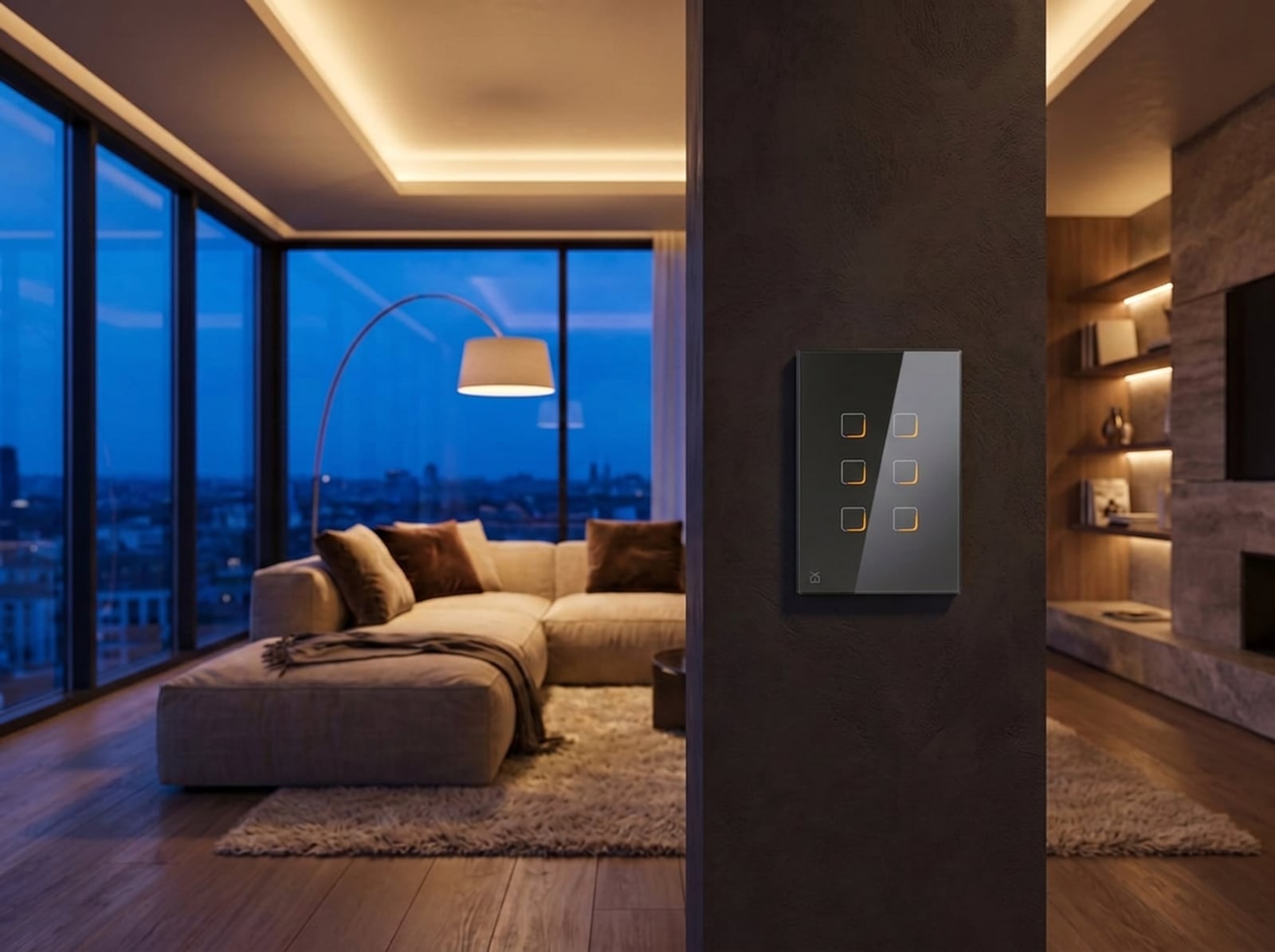 Evening living room with a Domex L6 vertical gray glass keypad on the column