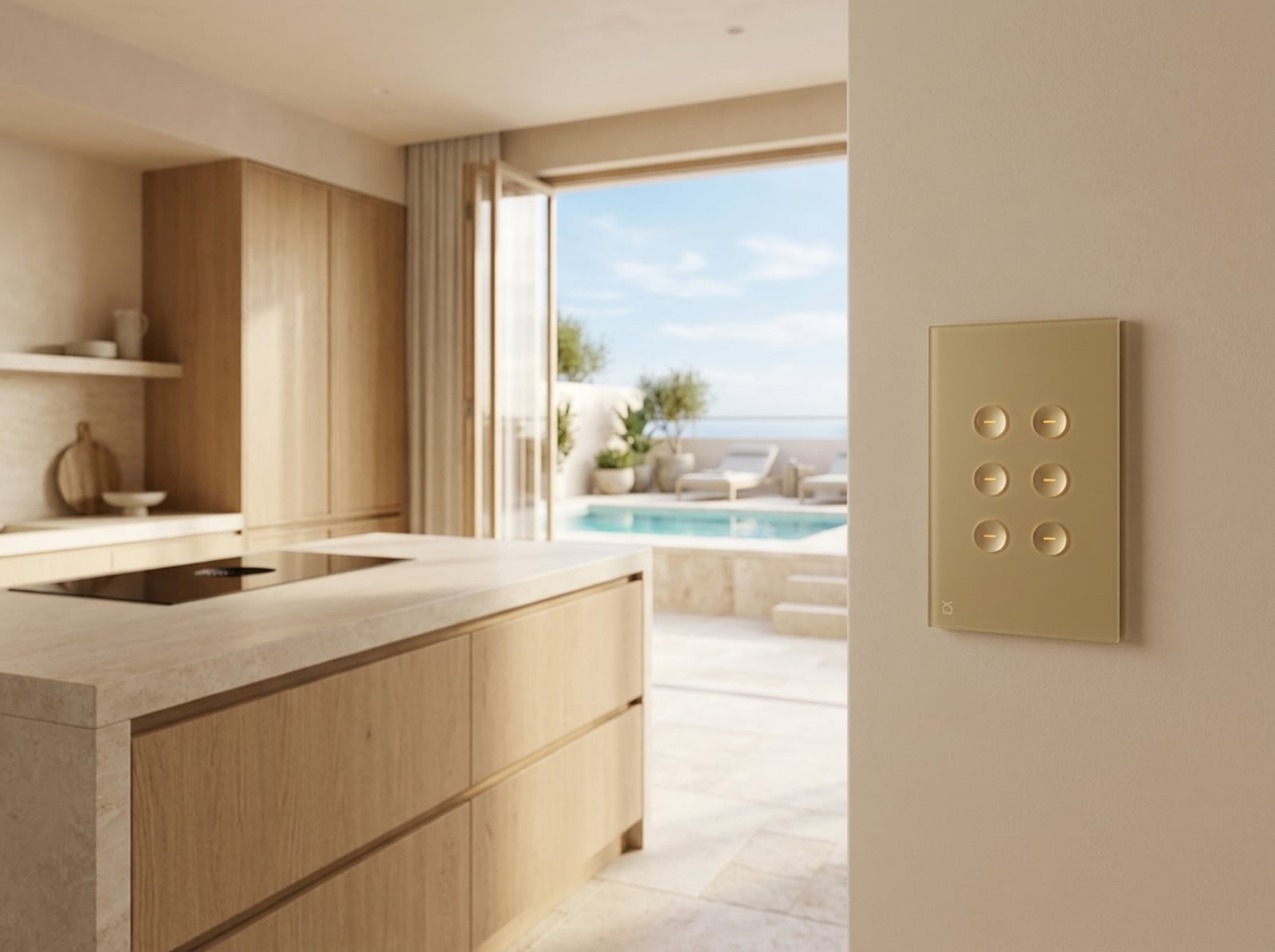 Domex gold sculptured vertical keypad in a kitchen opening to a balcony with a swimming pool