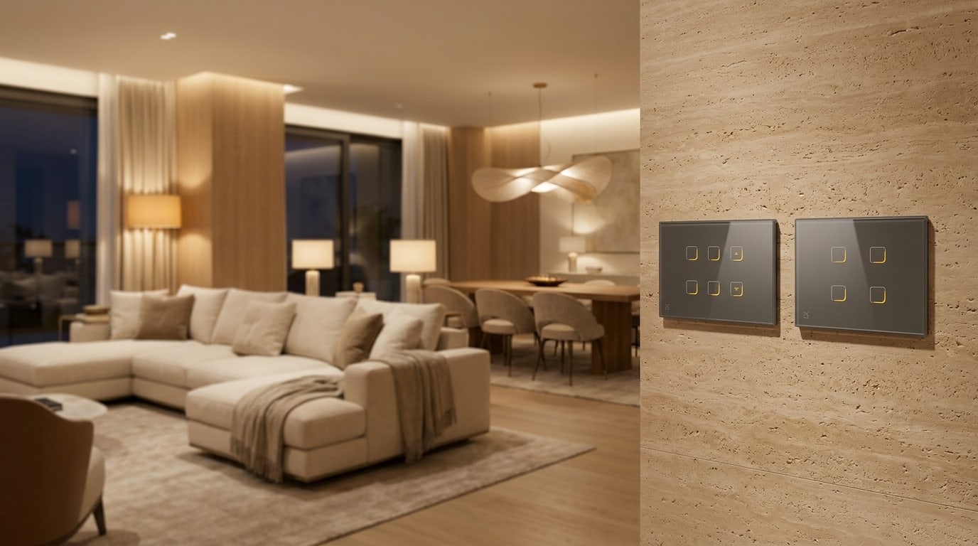 Two Domex glass keypads — L4M1 and L4 matte gray — in a luxury living and dining room