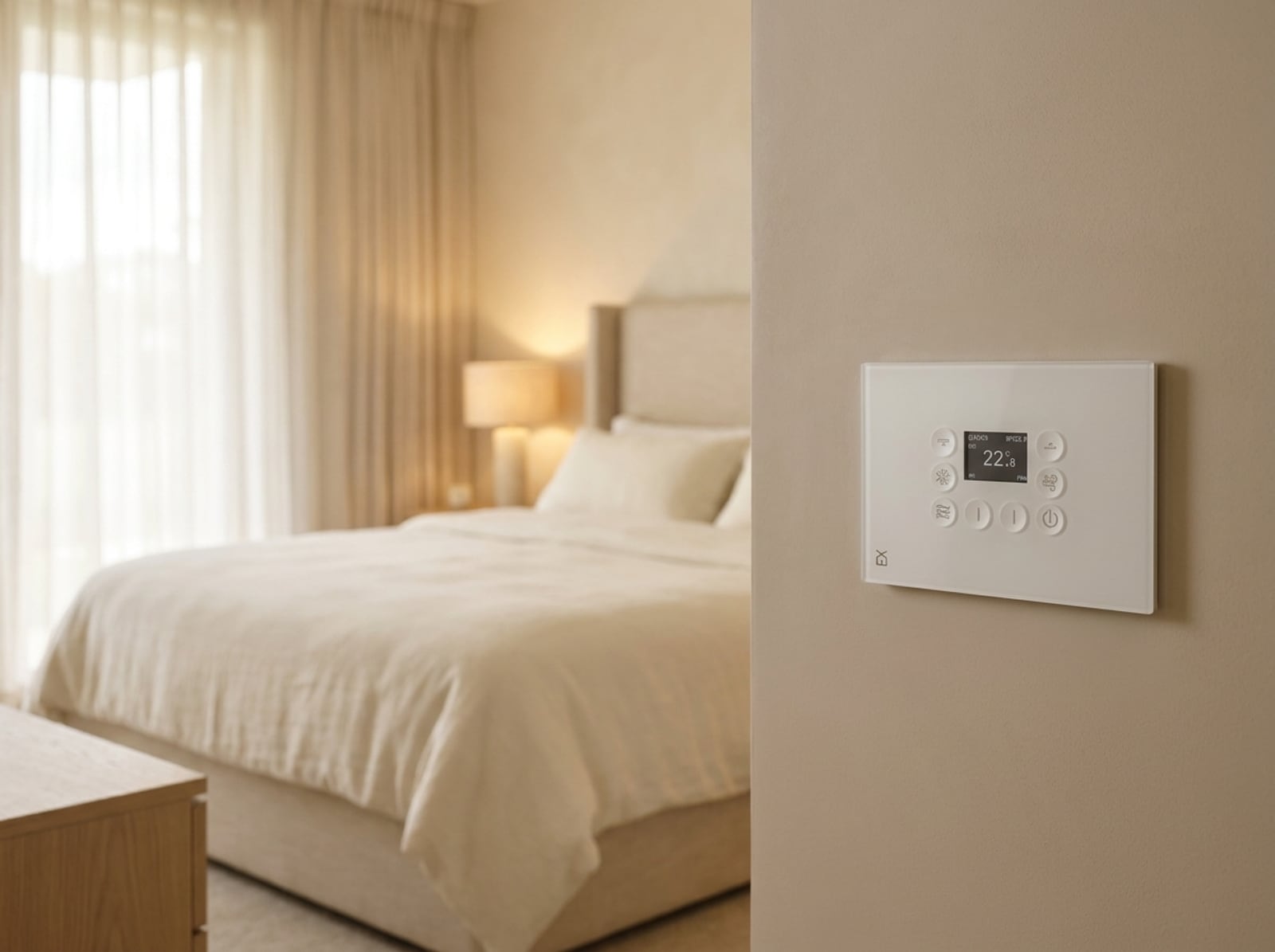 Domex white sculptured glass thermostat showing 22.8 degrees in a master bedroom suite